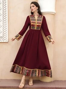 Al Najma Women's Bohemian Style Cutout Neck Patchwork Print Waist Maxi Dress, Suitable For Spring And Autumn - Burgundy - View 7