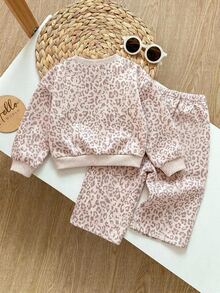 SHEIN Girls Cute Casual Leopard Print Crew Neck Long Sleeve Sweatshirt Set Baby - Multicolor - View 2