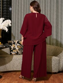 Reflora 大尺碼女款水鑽百褶上衣與長褲優雅兩件套 秋季婚禮晚宴酒紅色聖誕新年裝 - 酒紅色 - 查看 8