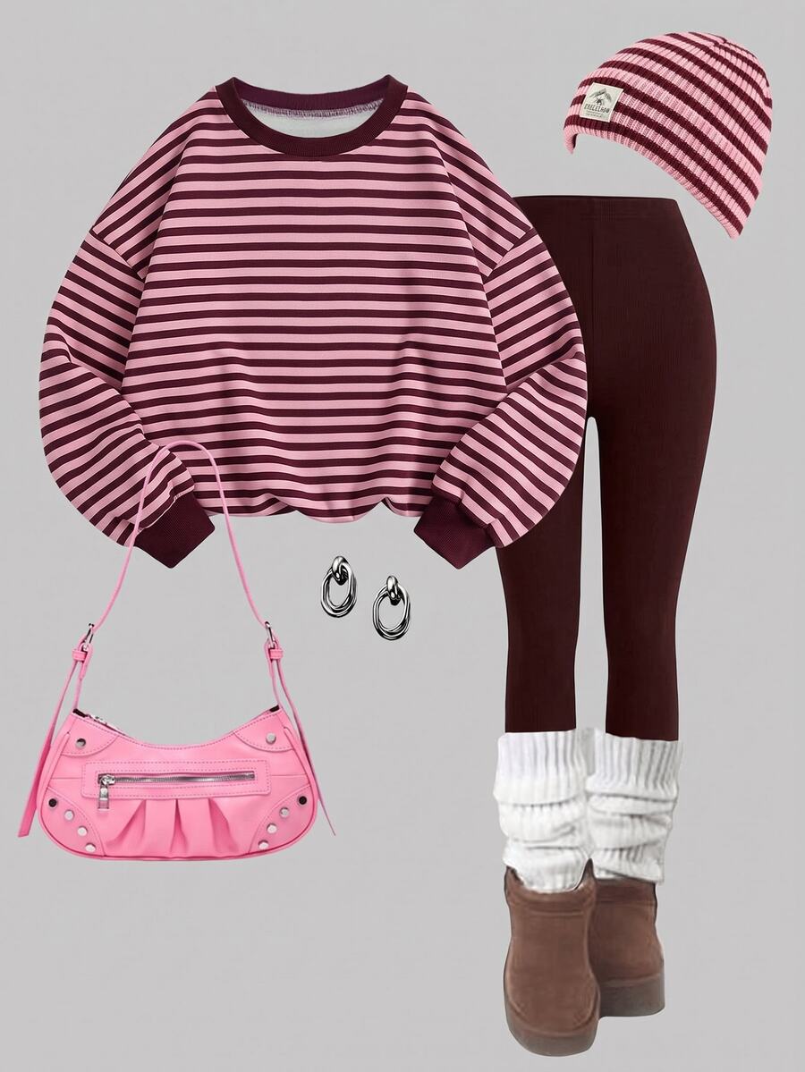 Tween Girl 1pc Striped Kids Print Drop Shoulder Pullover Autumn Sweatshirt & 1pc Leggings Set - Multicolor - View 1