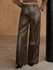 Anewsta Women's Modern Versatile Commute Minimalist Fashion Vintage PU Loose Patchwork Straight Leg Pants - Brown - View 3