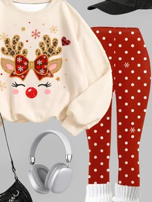 Tween Girl Deer Print Crew Neck Sweatshirt And Brushed Leggings Set, Christmas Gift - Multicolor - View 5