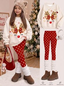 Tween Girl Deer Print Crew Neck Sweatshirt And Brushed Leggings Set, Christmas Gift - Multicolor - View 1