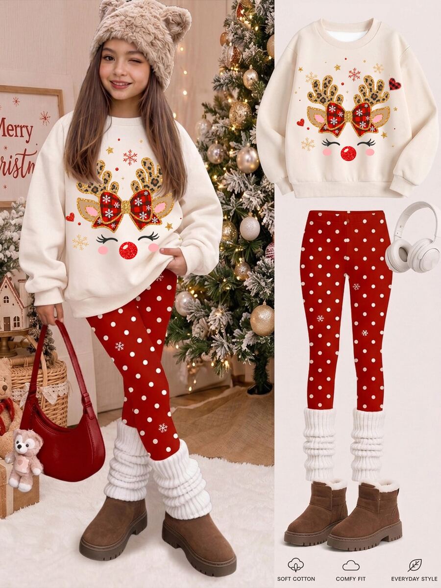 Tween Girl Deer Print Crew Neck Sweatshirt And Brushed Leggings Set, Christmas Gift - Multicolor - View 1