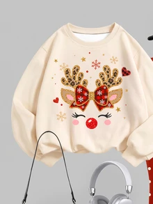 Tween Girl Deer Print Crew Neck Sweatshirt And Brushed Leggings Set, Christmas Gift - Multicolor - View 3