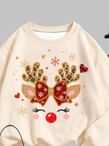 Tween Girl Deer Print Crew Neck Sweatshirt And Brushed Leggings Set, Christmas Gift - Multicolor - View 6