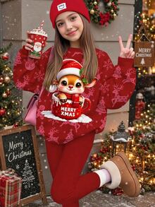 Tween女孩可愛迷人聖誕馴鹿圖案波點紅配色，柔軟加厚圓領長袖衛衣與內搭褲套裝，適合秋冬聖誕，秋季新款時尚套裝 - 彩色 - 查看 2