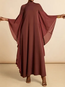 Vesra Burgundy Collared Draped Ruffle Sleeve Loose Robe - Rust Brown - View 5