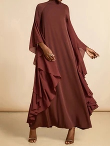 Vesra Burgundy Collared Draped Ruffle Sleeve Loose Robe - Rust Brown - View 6