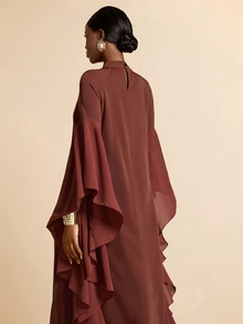 Vesra Burgundy Collared Draped Ruffle Sleeve Loose Robe - Rust Brown - View 2