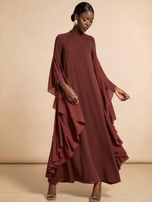 Vesra Burgundy Collared Draped Ruffle Sleeve Loose Robe - Rust Brown - View 1