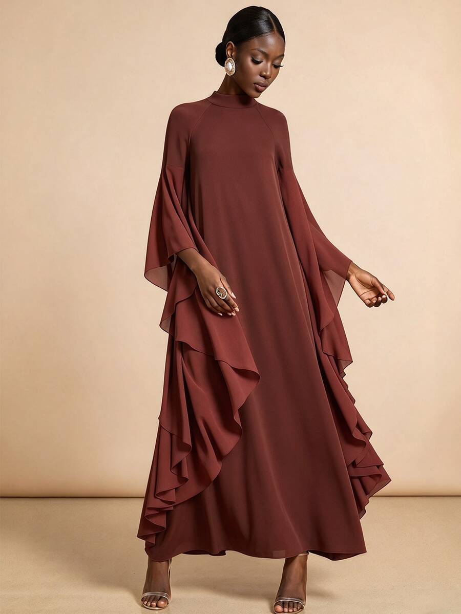 Vesra Burgundy Collared Draped Ruffle Sleeve Loose Robe - Rust Brown - View 1
