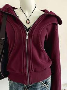 Collagica Collagica Women's Solid Color Zip-Up Casual Versatile Daily Wear Hooded Sweatshirt - Burgundy - View 4