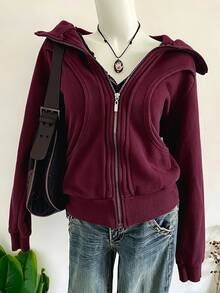 Collagica Collagica Women's Solid Color Zip-Up Casual Versatile Daily Wear Hooded Sweatshirt - Burgundy - View 3