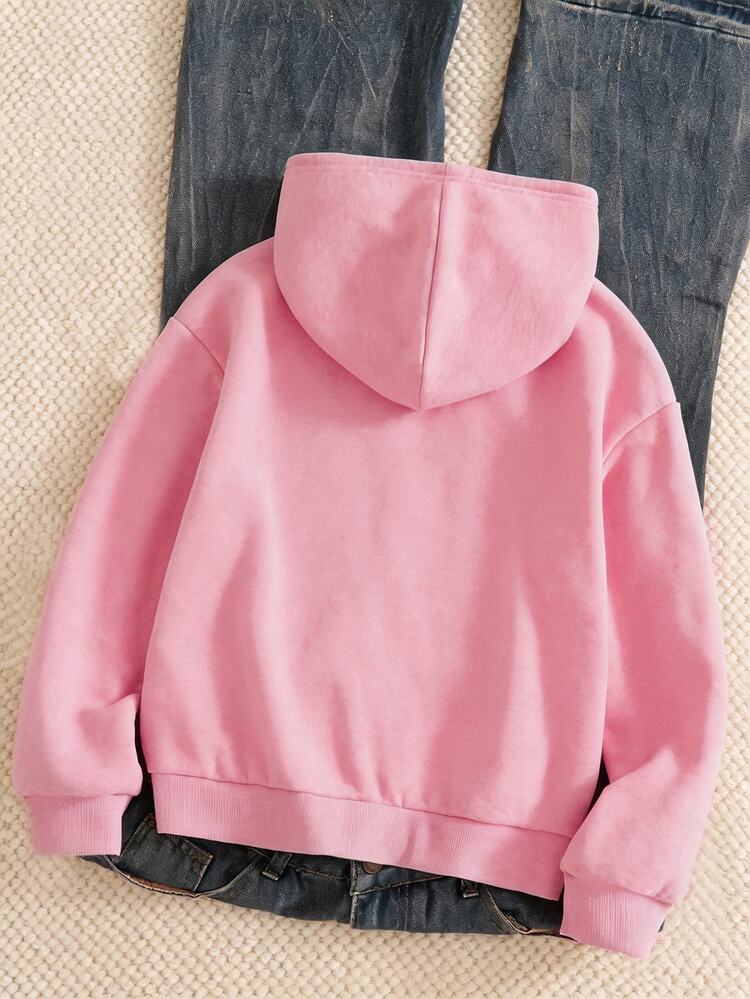 SHEIN Fall Girls' Hooded Zip-Up Jacket Mixed Street Style Casual Graphic Cold-Resistant Knit Fabric Loose Fit Campus School Black And Pink - Pink - View 2