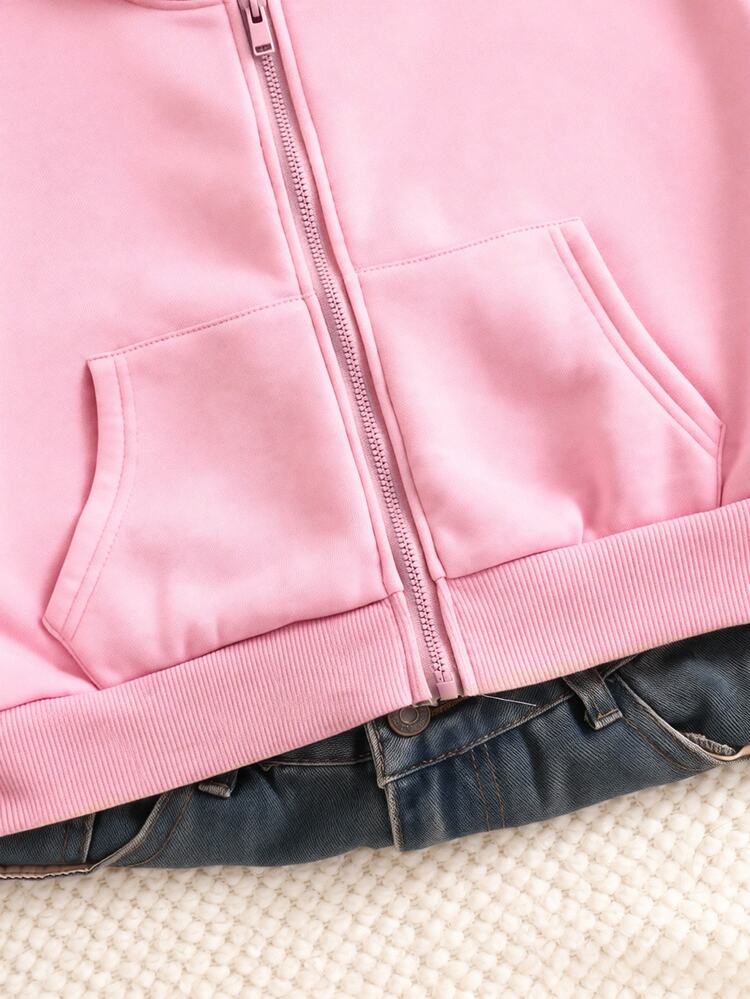 SHEIN Fall Girls' Hooded Zip-Up Jacket Mixed Street Style Casual Graphic Cold-Resistant Knit Fabric Loose Fit Campus School Black And Pink - Pink - View 4