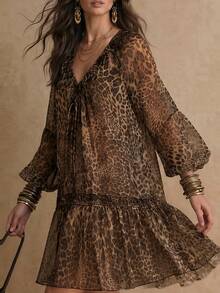 Chikora Plus Size Leopard Print Tie-Up Dress Party Travel Date Night Vacation Brown Spotty Matching Boho Elegant Bohemian Fall - Multicolor - View 3