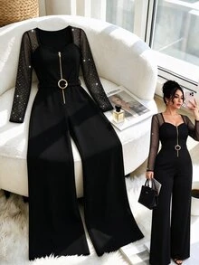 GlowEve CURVE Plus Size Simple Elegant Silver Glitter Mesh Patchwork Women's Jumpsuit - Black - View 1