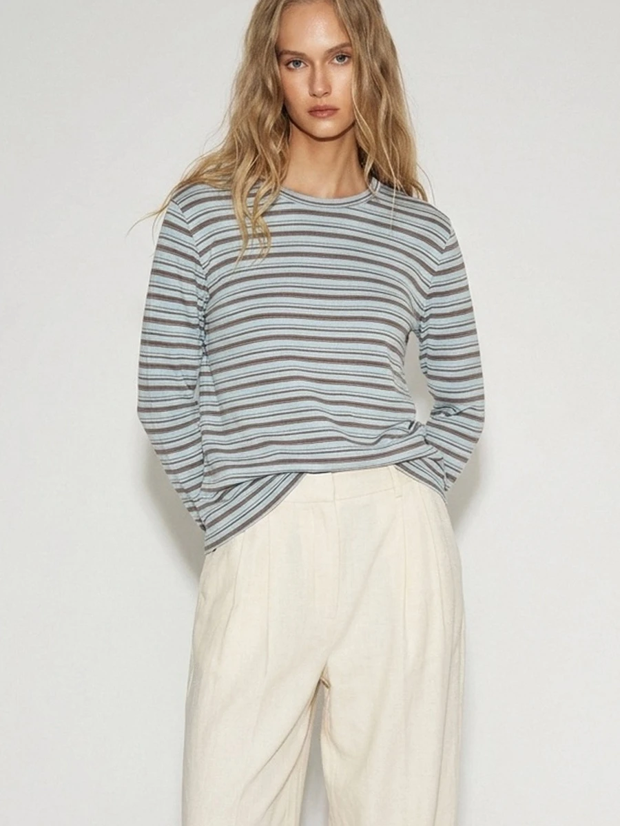 ATUI Studio Fall/Winter Elegant Casual Halloween Christmas Party Business Cowgirl Women's Minimalist Casual Blue White Stripe Colorblock Long Sleeve T-Shirt - Blue - View 1