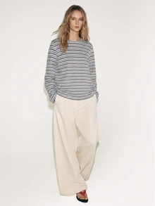 ATUI Studio Fall/Winter Elegant Casual Halloween Christmas Party Business Cowgirl Women's Minimalist Casual Blue White Stripe Colorblock Long Sleeve T-Shirt - Blue - View 2