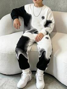 2pcs/Set Tween Boy Creative Geometric All-Over Print English Slogan Graphic Sweatshirt And Sweatpants Set Fall School Cool White And Black - Multicolor - View 1