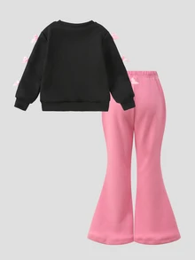 SHEIN 2件組幼童女童可愛Y2K小狗粉色蝴蝶結圓領長袖針織套頭衛衣與喇叭褲套裝，返校秋季穿搭 - 黑色 - 查看 2