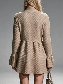Omancia Elegant Mock Neck Textured Knit Dress, Long Flared Sleeve Button Down Waist Cinched A-Line Mini Sweater Dress For Fall - Khaki - View 2