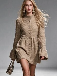 Omancia Elegant Mock Neck Textured Knit Dress, Long Flared Sleeve Button Down Waist Cinched A-Line Mini Sweater Dress For Fall - Khaki - View 1