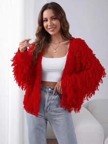 Vesra Solid Color Fringe Decor Casual Versatile Long Sleeve Cardigan For New Year Clothes - Red - View 8