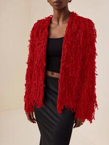 Vesra Solid Color Fringe Decor Casual Versatile Long Sleeve Cardigan For New Year Clothes - Red - View 4