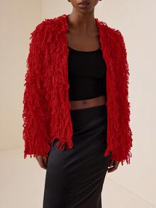Vesra Solid Color Fringe Decor Casual Versatile Long Sleeve Cardigan For New Year Clothes - Red - View 6