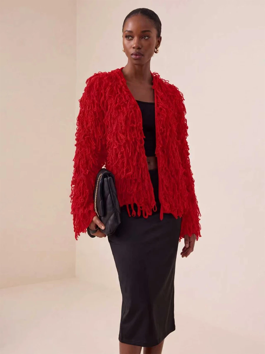 Vesra Solid Color Fringe Decor Casual Versatile Long Sleeve Cardigan For New Year Clothes - Red - View 1