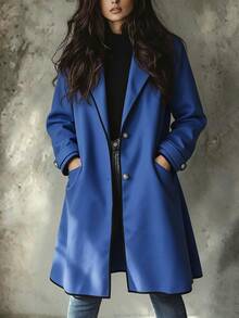 Omancia Women's Autumn/Winter Round Neck Loose Colorblock Trim Mid-Length Casual Coat - Blue - View 4