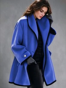 Omancia Women's Autumn/Winter Round Neck Loose Colorblock Trim Mid-Length Casual Coat - Blue - View 1