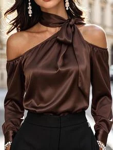 Velvienne Plus Size Women's Sexy Asymmetrical Shoulder Long Sleeve Blouse, Early Spring Faux Acetate Wrinkle-Resistant Versatile Chic Top Fall - Brown - View 5