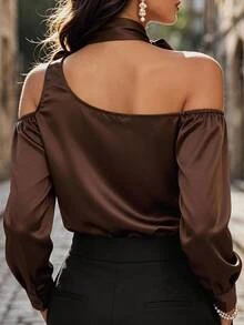 Velvienne Plus Size Women's Sexy Asymmetrical Shoulder Long Sleeve Blouse, Early Spring Faux Acetate Wrinkle-Resistant Versatile Chic Top Fall - Brown - View 2