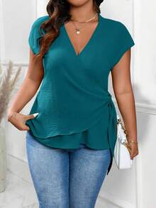 Rometta Plus Size Peacock Blue Deep V-Neck Ruched Textured Fabric Cross Wrap Side Tie Short Sleeve Asymmetrical Hem Cinched Waist Casual Commuter Versatile Blouse - Blue - View 6