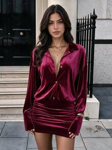 Lucivie Women's Elegant Cocktail Night Out Burgundy Velvet Collared Button Down Long Sleeve Ruched Bodycon Mini Dress Christmas Fall - Burgundy - View 2