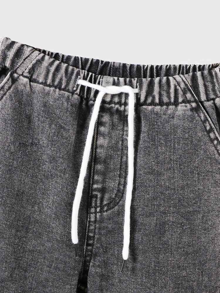 SHEIN Mirajuku Young Boys' Vintage Cowboy Casual Streetwear Multi-Pocket Loose Full Elastic Waist Drawstring Cuffed Denim Cargo Pants Baby Blue Fall - Black - View 5