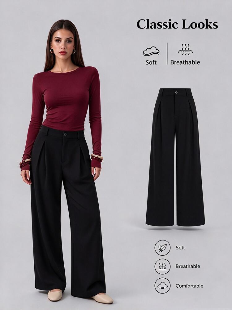 Sweetra Women's New Fashion Versatile Retro Elegant Textured Faux Linen Pleated Wide Leg Long Pants - Black - View 1