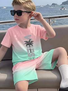 Young Boy Summer Casual Set, Crown K Logo Design, Colorblock Patchwork Short Sleeve T-Shirt + Shorts 2pcs Set, Cool Little Boy Must-Have, Beach - Multicolor - View 1