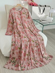 Mulvari Casual Floral Print Button Down Arabic Traditional Dress For Women - Pink - View 3