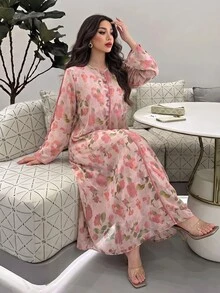 Mulvari Casual Floral Print Button Down Arabic Traditional Dress For Women - Pink - View 2