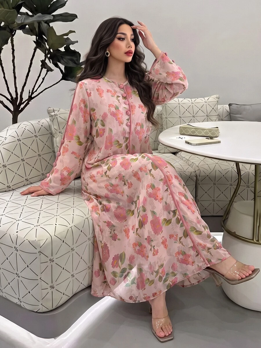 Mulvari Casual Floral Print Button Down Arabic Traditional Dress For Women