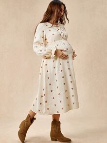 Boho Mama Maternity Textured Heart Print Button Half-Placket Dress - Apricot - View 7