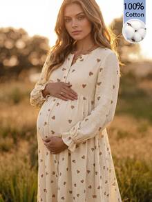 Boho Mama Maternity Textured Heart Print Button Half-Placket Dress - Apricot - View 1