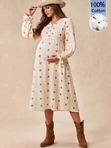 Boho Mama Maternity Textured Heart Print Button Half-Placket Dress - Apricot - View 2