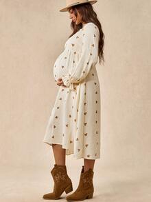 Boho Mama Maternity Textured Heart Print Button Half-Placket Dress - Apricot - View 5