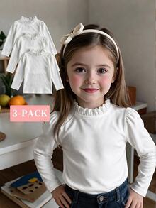 SHEIN 3pcs Young Girl 4-7Y Streetwear Ruffle Neck Pique Long Sleeve Versatile Fashionable Base Layer Tops School Outdoor Play Vacation Travel Fall Winter - White - View 4
