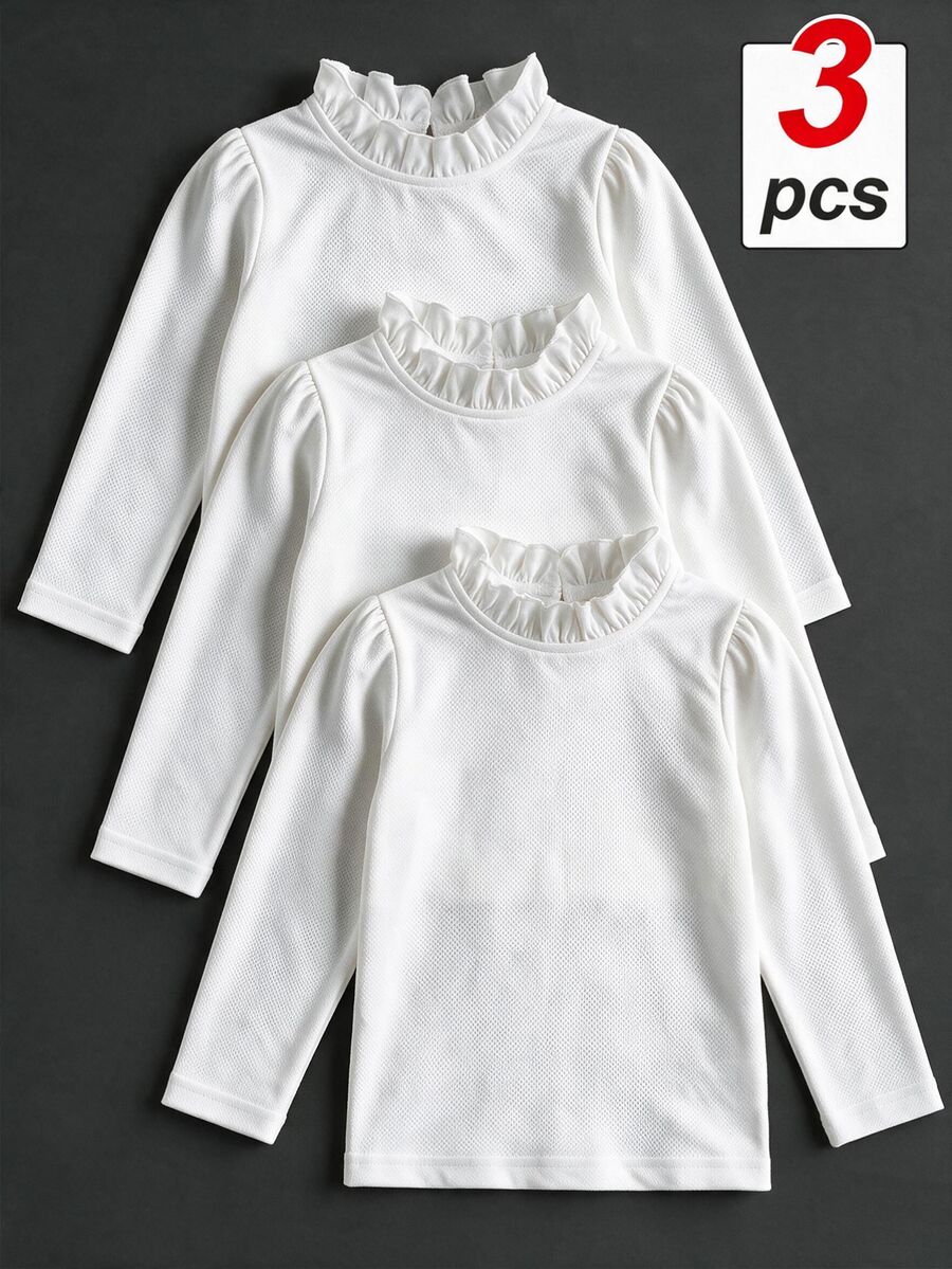 SHEIN 3pcs Young Girl 4-7Y Streetwear Ruffle Neck Pique Long Sleeve Versatile Fashionable Base Layer Tops School Outdoor Play Vacation Travel Fall Winter